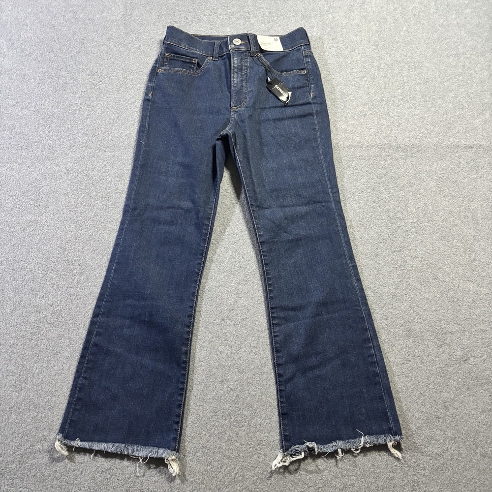NWT Express High Rise Cropped Flare Jeans Women's Size 0R Dark Wash Raw Hem